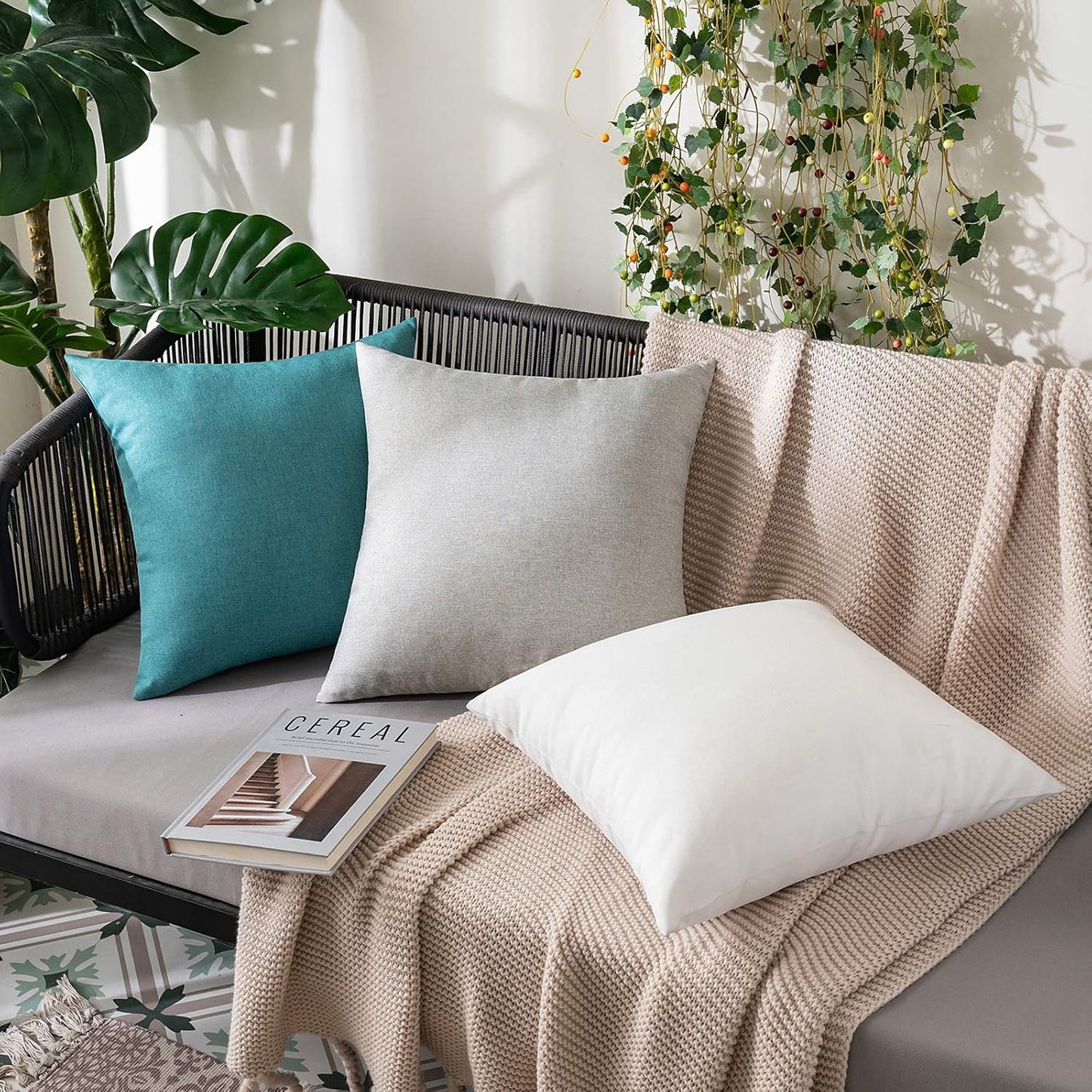 MIULEE Decorative Outdoor Throw Pillow Covers - Waterproof Faux Linen Cushion Cases | 20x20 Inch White (Pack of 2)