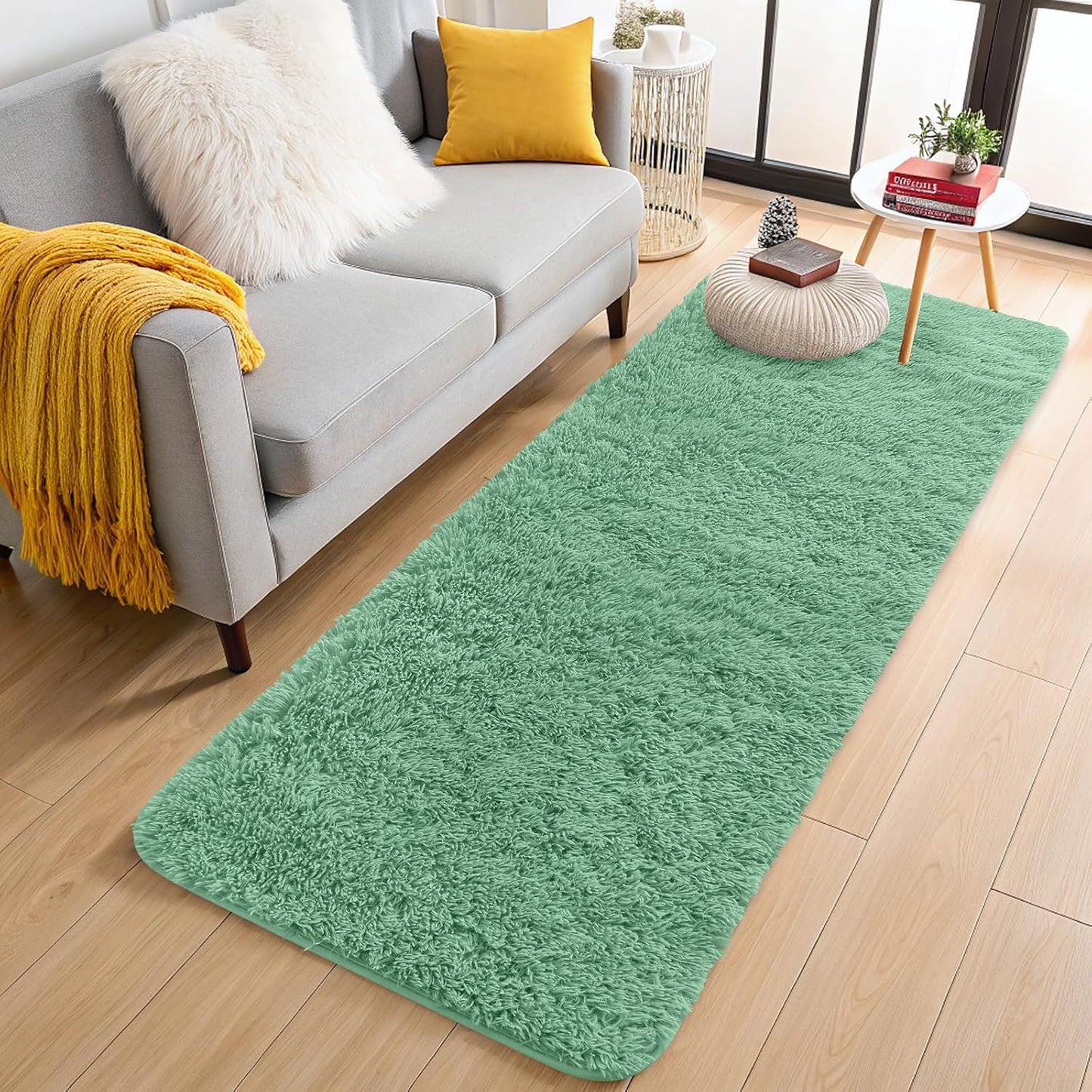 OLANLY 2x8 Machine Washable Runner Rug - Soft Fluffy Shaggy Carpet for Bedroom & Hallway | Mint Green