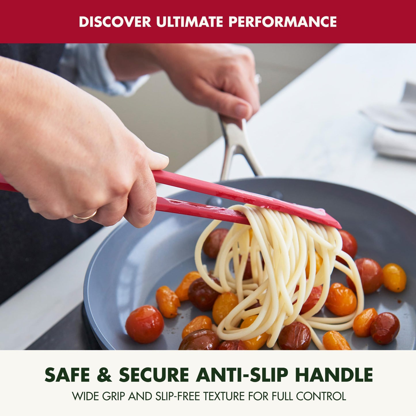 GreenPan Silicone Tong, Cooking Grilling Serving, Salad, Kitchen Utensil, Flexible Rubber Nonstick Cookware, Rigid Steel Core, Heat-Resistant, Anti-Slip Handle, BPA-Free, Dishwasher Safe, Red