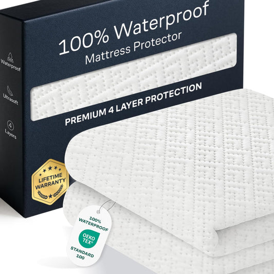100% Waterproof Twin Mattress Protector - Noiseless Cooling Viscose from Bamboo | 360° Protection Against Spills & Stains (White)