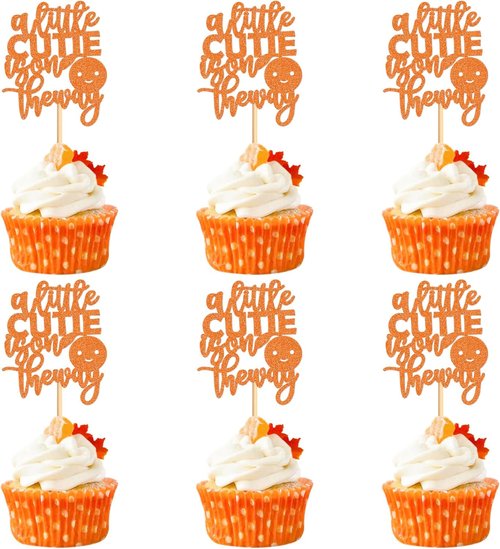 Ercadio Baby Shower Cupcake Toppers - 24 Pcs Orange "A Little Cutie Is On The Way" Decorations