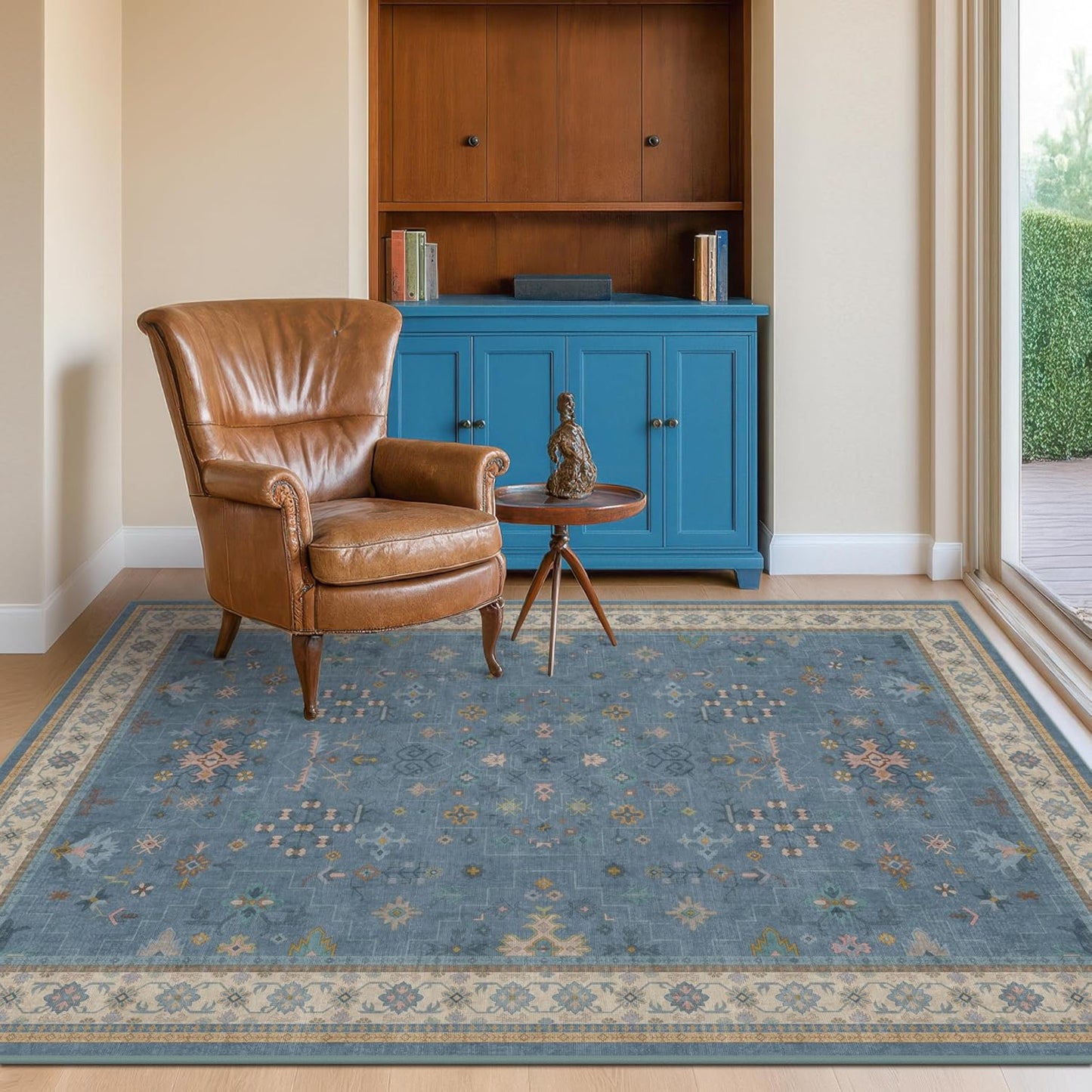 Skiennix Washable 4x6 Area Rug - Stain Resistant Non-Slip Rubber Backing | Unique Floral Design in Light Blue & Aqua