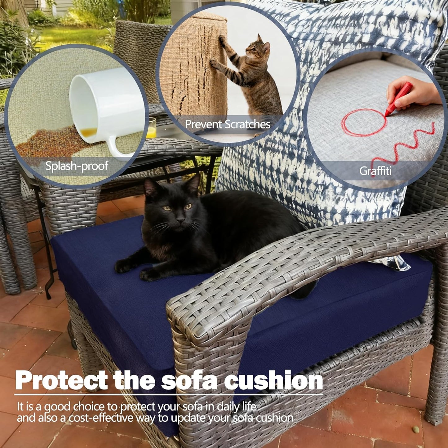 Sqodok Waterproof Outdoor Cushion Covers - 14-Piece Slipcovers for 7-Piece Rattan Sectional Sofa | Washable Blue