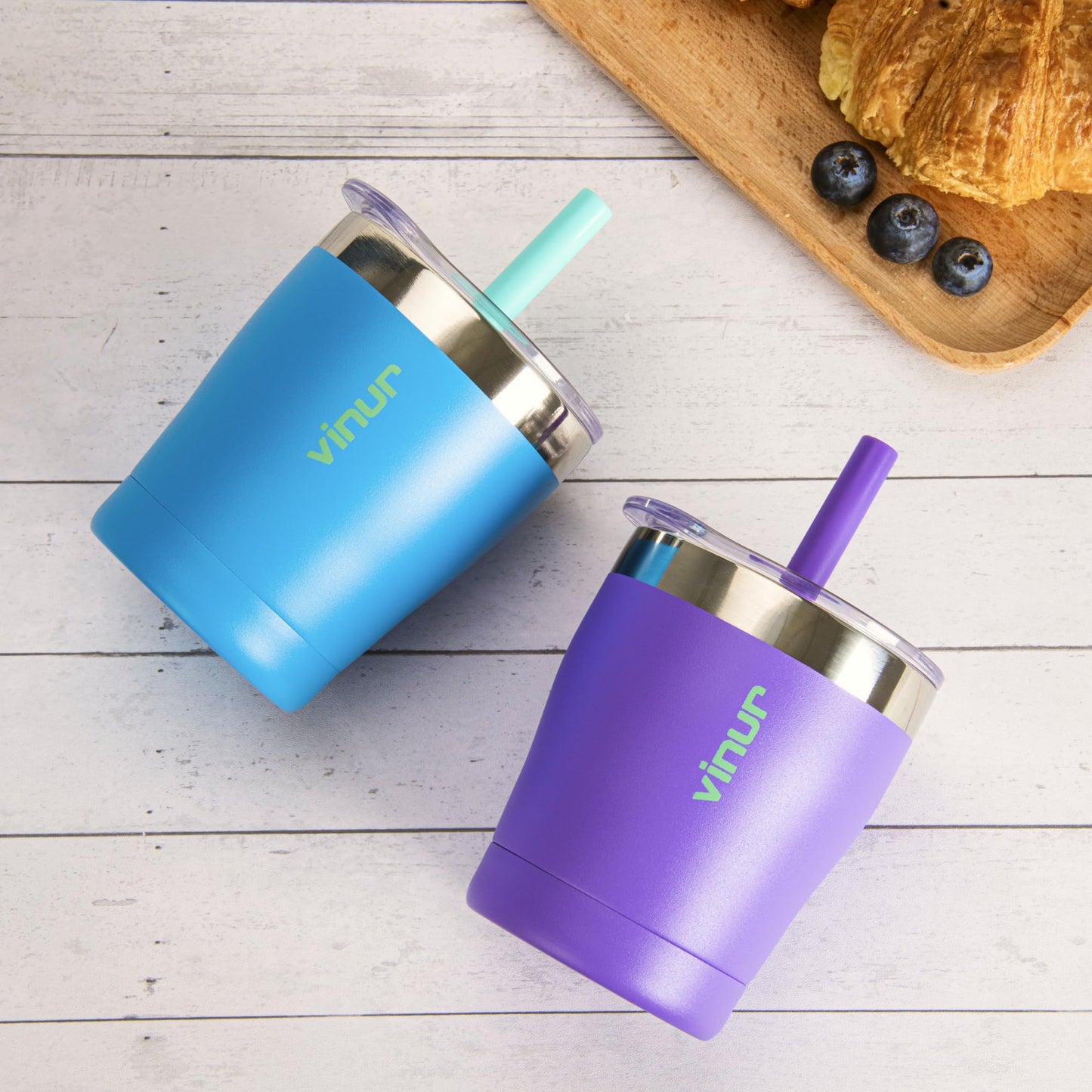 VINUR Kids 9 oz Tumbler with Lid and Straw|18/8 Stainless Steel Insulated Drinking Cup with Silicone Base|Spill Resistant|Gift for Girls and Boys, Sky Blue
