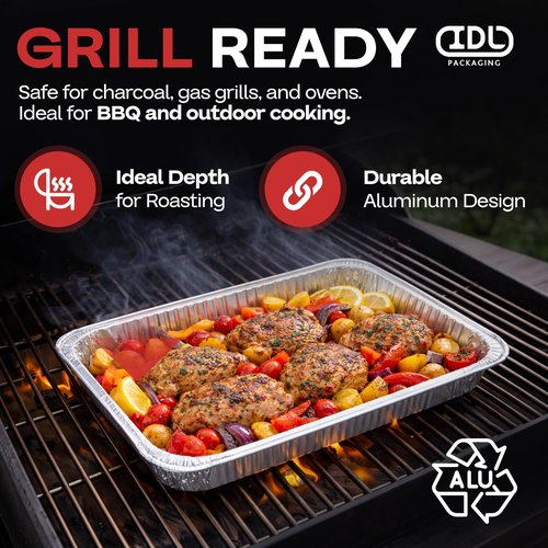 IDL Packaging Half-Size Aluminum Steam Table Pans - Deep, 13" x 11" x 3" (Pack of 10) - Disposable Foil Pan for Grilling, Roasting, BBQ, Cooking, Baking, Freezing