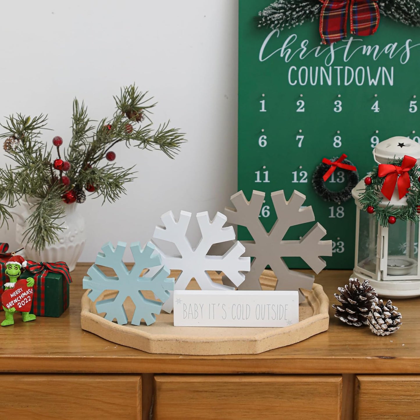 KORMMCO Winter Snowflake Fireplace Decorations - 4Pcs Farmhouse Christmas Decor | White, Brown, Blue