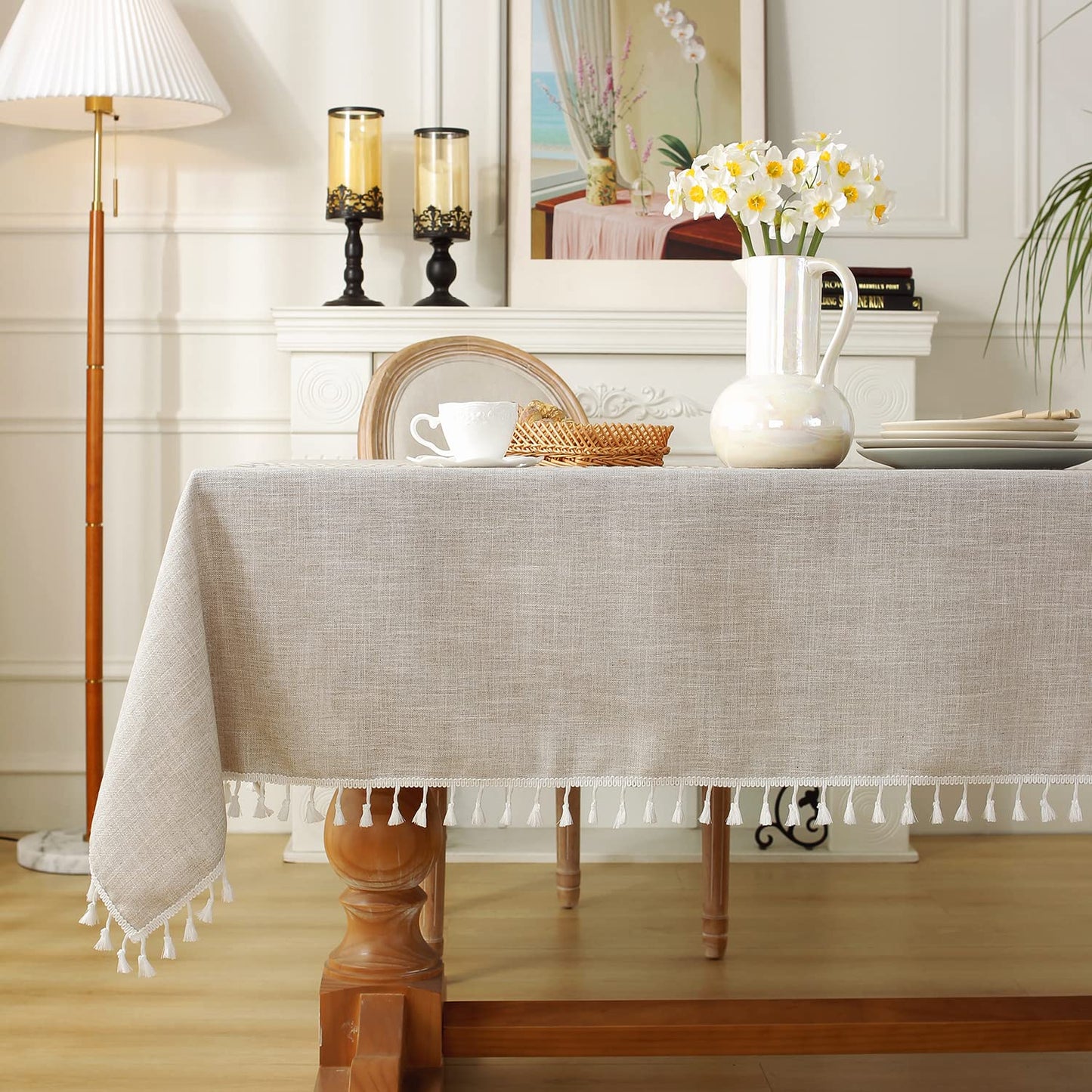 Laolitou Rustic Tablecloth Cotton Linen Waterproof Farmhouse Tablecloth Burlap Table Cloths for Kitchen Dining Cloth Table Cloth for Rectangle Tables Coffee Lines Rectangle,55''x70'',4-6 Seats