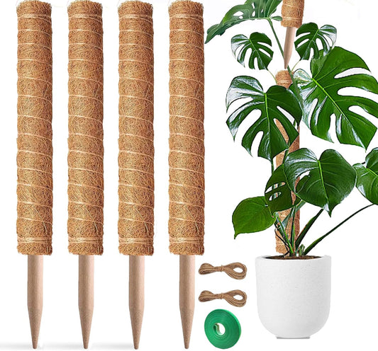 Moss Pole 4-Pack | 17-Inch Monstera Plant Support - Stackable Coir Stakes for Indoor Climbing Plants