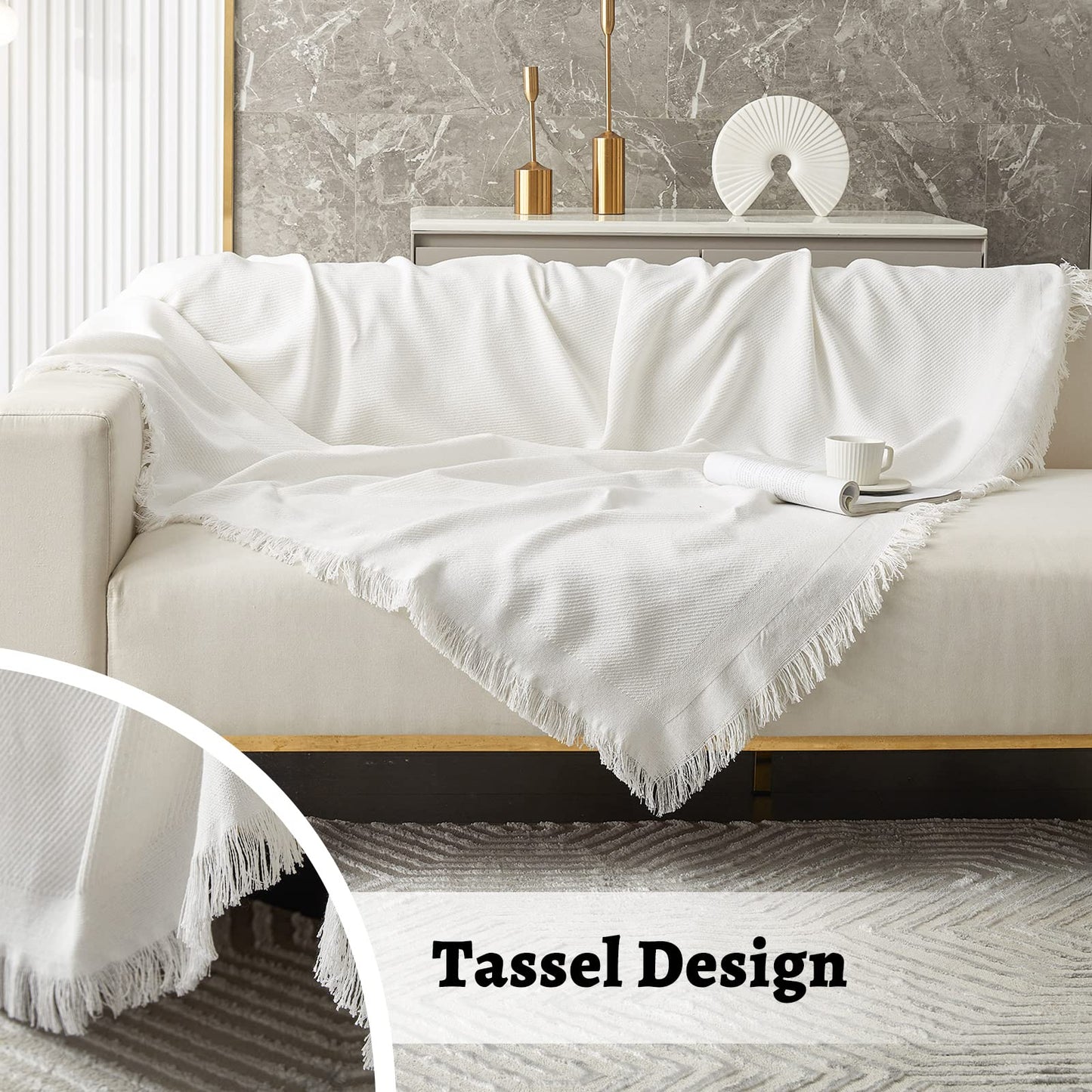 MYSKY HOME White Couch Cover for Sectional Sofa Covers for 3 Cushion Couch Sofa Protector Geometrical Sofa Slipcovers Washable Thick Fabric Blanket for Dogs, Pets (XX-Large, 91" x 134", White)