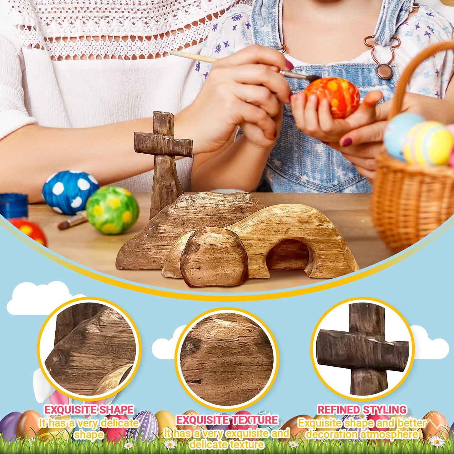 Wooden Nativity Scene, Jesus Resurrection Empty Tomb Easter Decor, Religious Cross & Tiered Tray Set for Home or Tabletop (Empty Tomb)