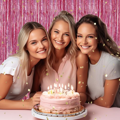DECOCKRAT 3 Pack Foil Fringe Backdrop - Laser Pink Shiny Tinsel Curtains for Party Decoration/Photo Booth Props - 3.3x8.2 FT Metallic Foil Backdrop for Birthday, Wedding, Graduation, Christmas.