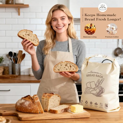 Aofmee Beeswax Bread Bags - XL Reusable Sourdough Bags for Fresh Homemade Bread | 2 Pack Natural Cotton