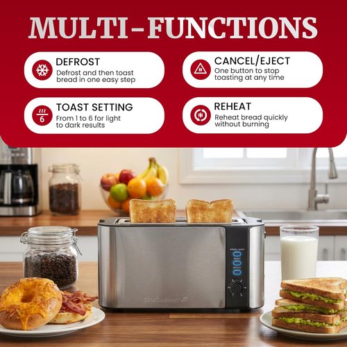 Elite Gourmet ECT3200 Slim 2-Slice Toaster - Extra Wide Slots, 6 Settings, Stainless Steel & Black