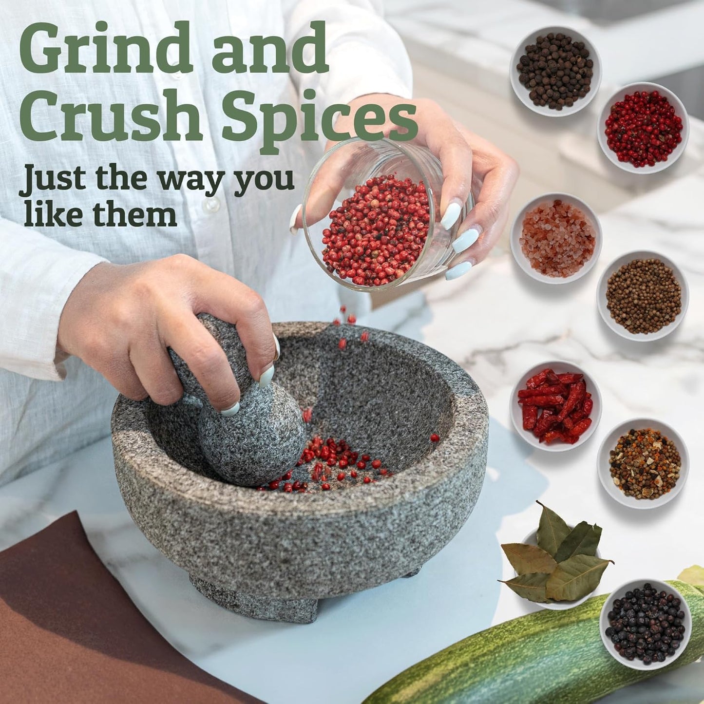 PriorityChef Granite Mortar and Pestle Set - 8-Inch Natural Stone Bowl for Spices & Guacamole | Grey