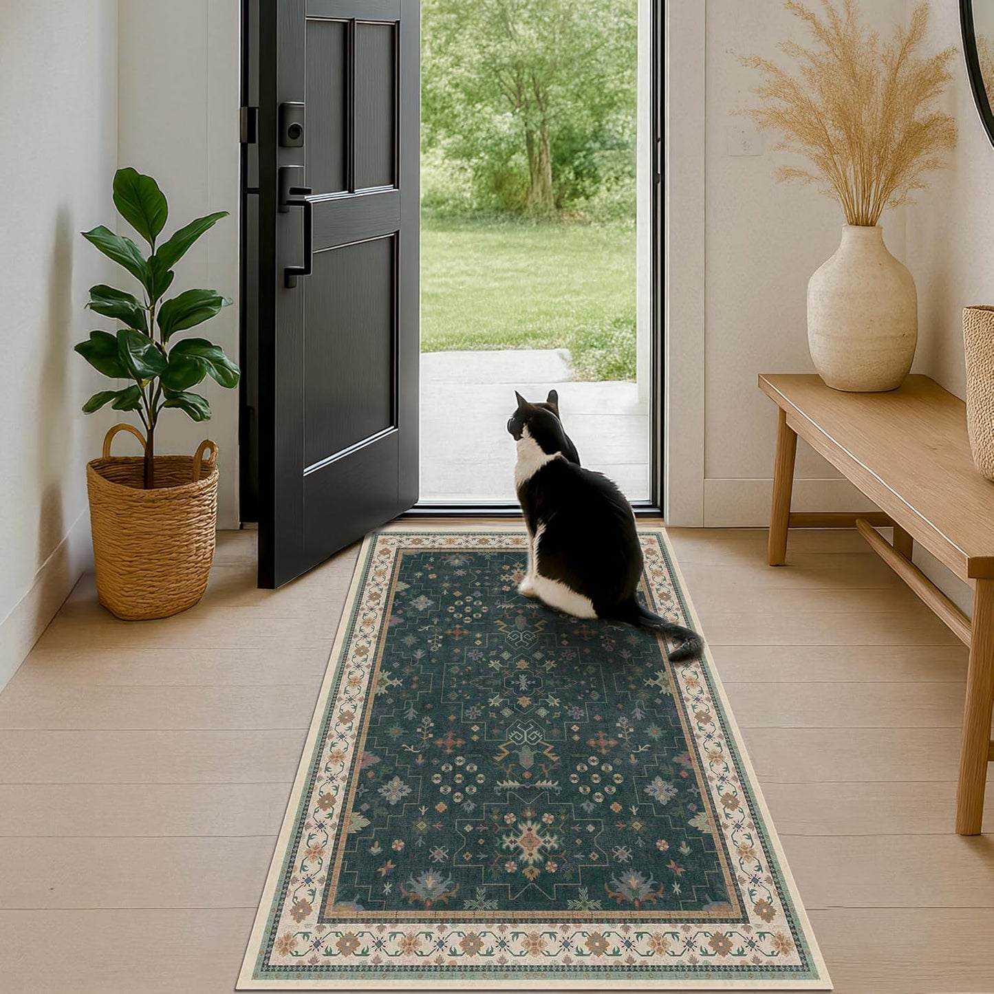 Oushak Dark Green 3x6 Kitchen Rug - Modern Vintage Boho Floral Design | Washable Non-Slip Area Rug