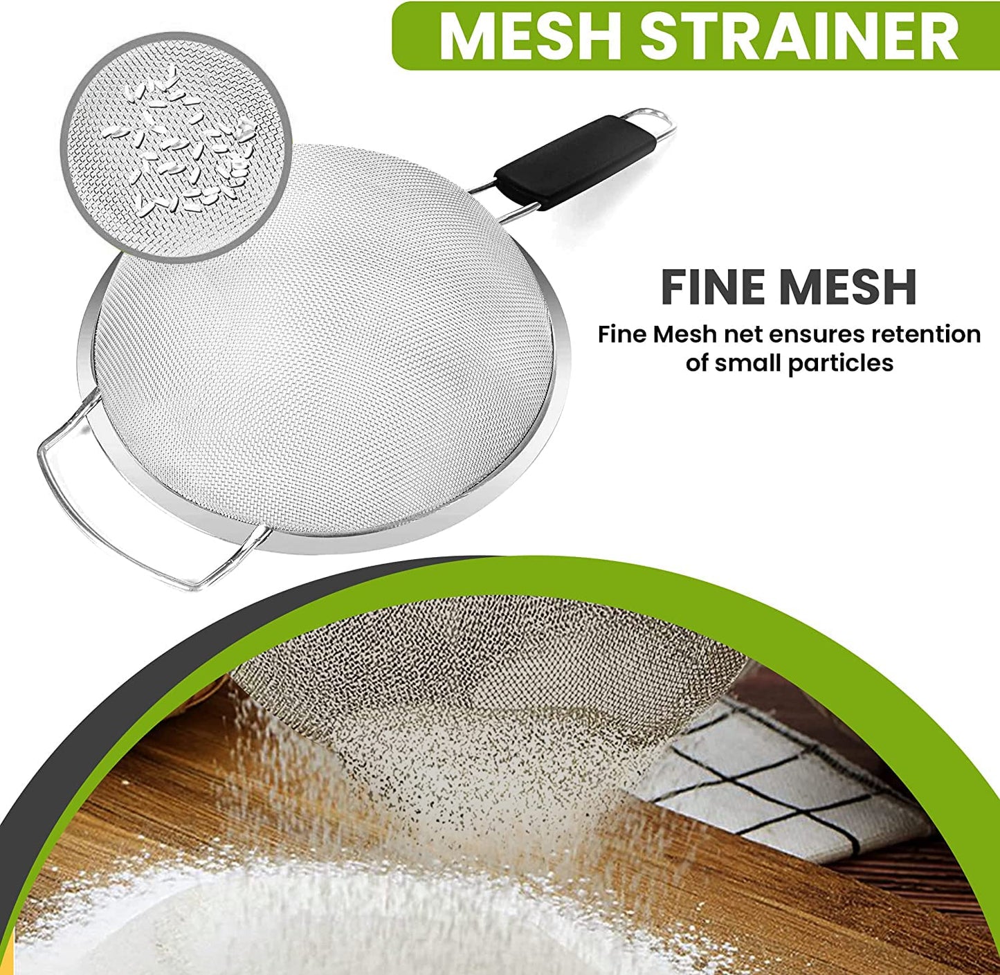 Kafoor 9" Large Fine Mesh Strainer with Thermo Plastic Rubber Handle - Sieve Fine Mesh Stainless Steel - Ideal Kitchen Essential to Strain Pasta, Quinoa and Rice