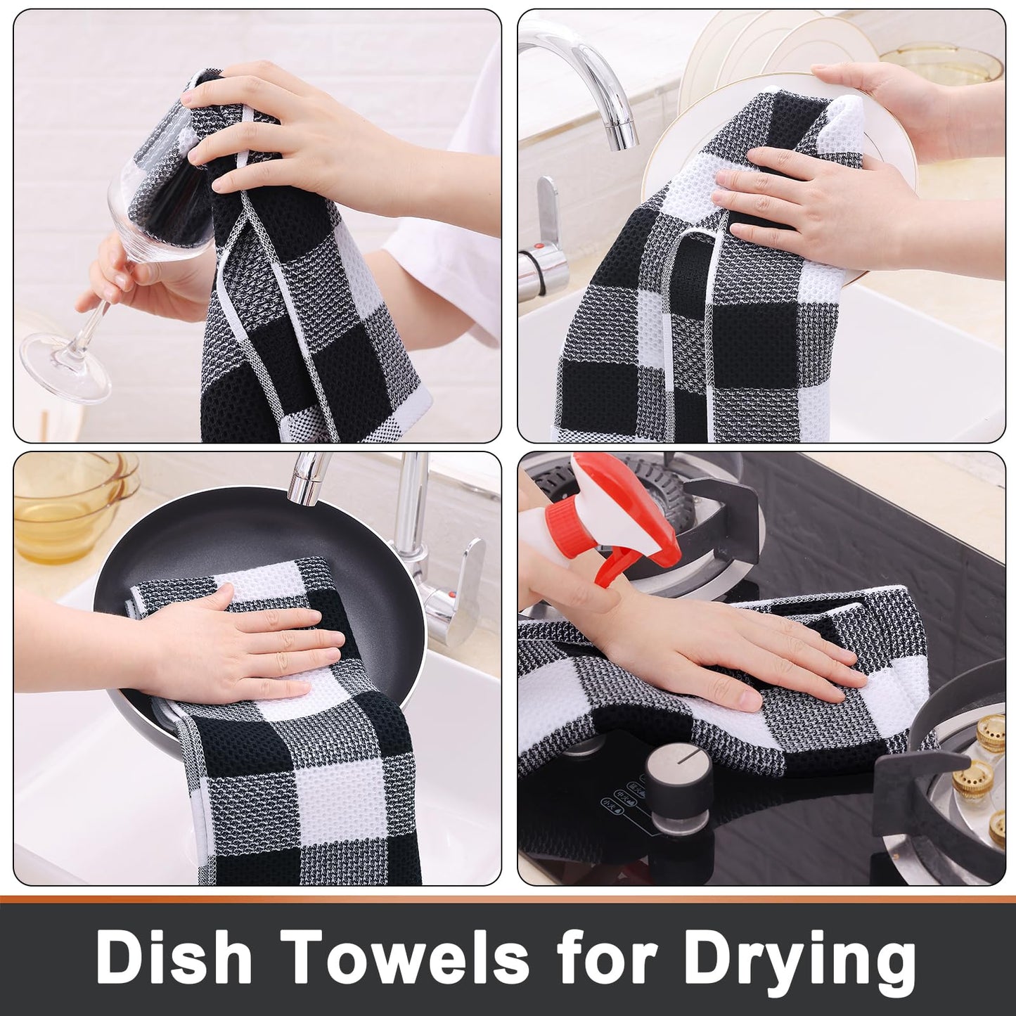 Mordimy 100% Cotton Waffle Weave Kitchen Towels, 13 x 28 Inches, Super Soft and Absorbent Buffalo Check Dish Towels for Drying Dishes, 4-Pack, Black & White