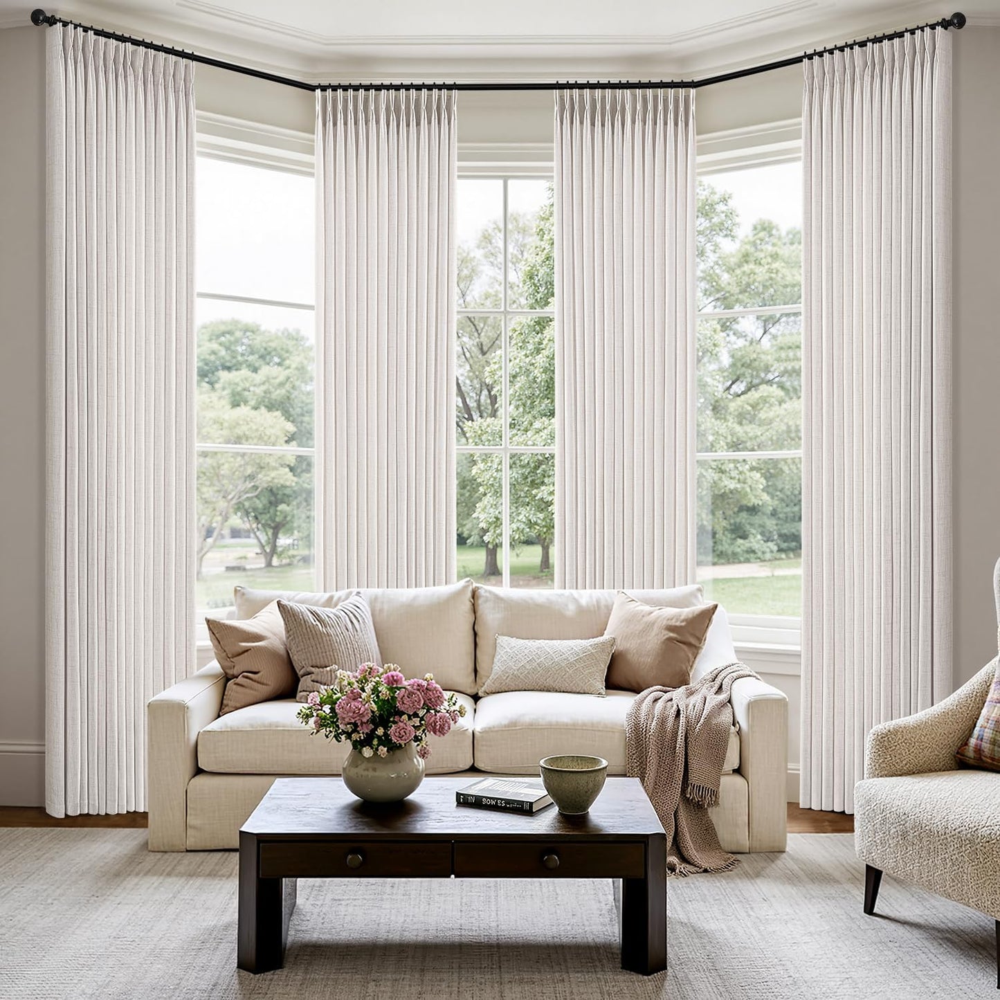 MIULEE Thick Linen Pinch Pleated Curtains - 90 Inch Semi-Sheer Light Filtering Drapes | 4 Panels in Beige & White