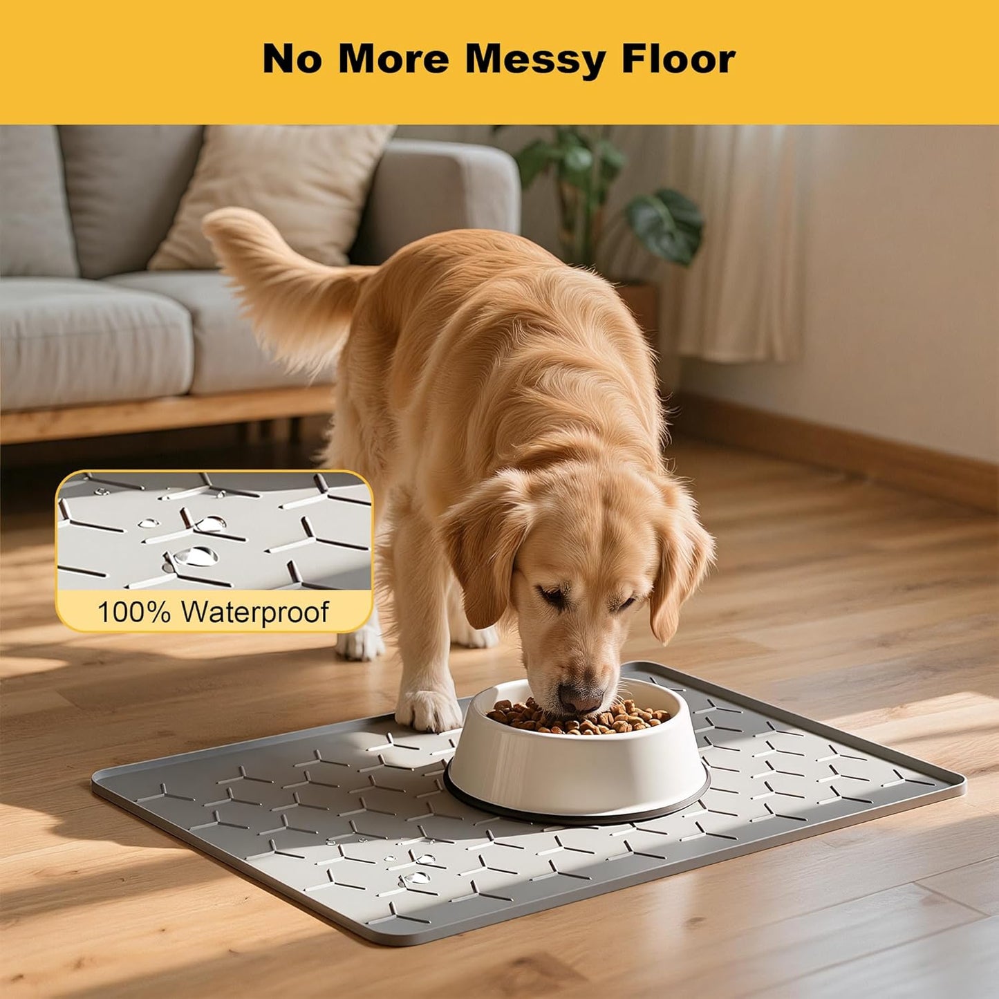 Pieviev Dog & Cat Food Bowl Mat - Waterproof Silicone, Non-Slip Design, 24''x16'', Light Gray