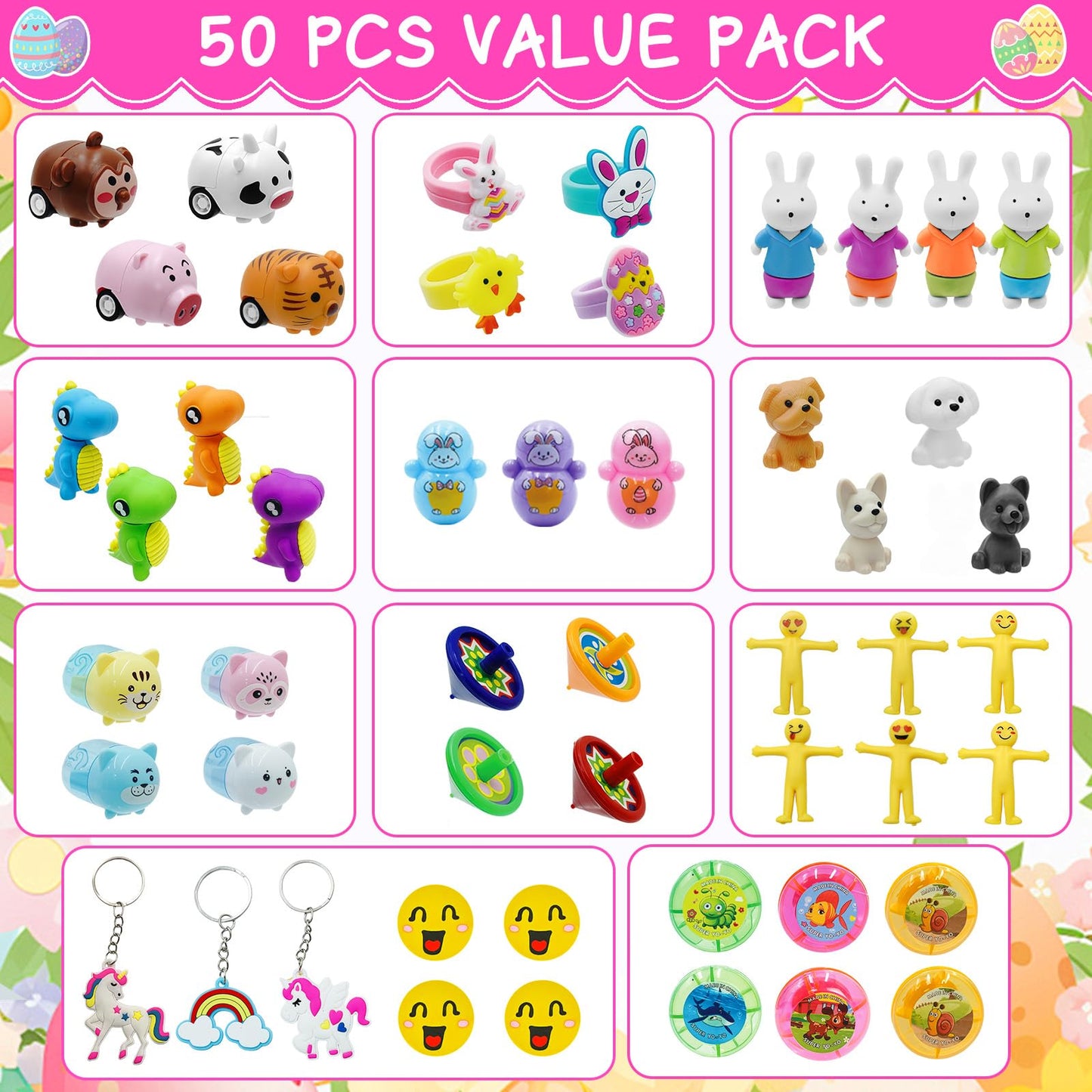 ZICZLI 50 Pack Prefilled Easter Eggs with Assorted Toys Inside Surprise Golden Eggs, Easter Egg Hunt Supplies and Basket Stuffers, Bulk Easter Party Favors Gifts for Kids Boys Girls Toddlers