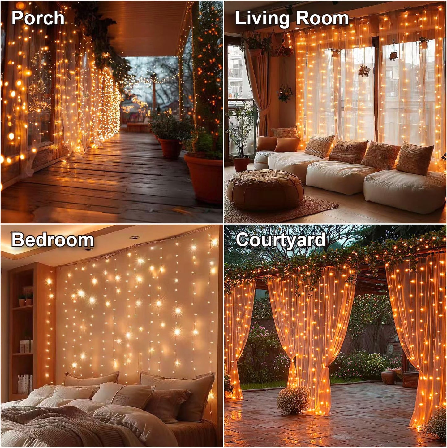 HXWEIYE 300LED Fairy Curtain Lights, 9.8x9.8Ft USB Plug-in 8 Modes Christmas String Hanging Lights with Remote for Bedroom Backdrop Wedding Indoor Wall Decor, Orange, Standard – 1 Pack