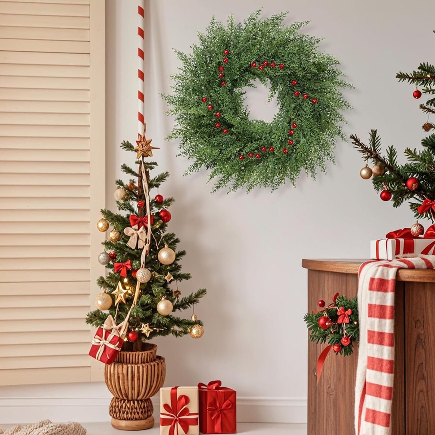 Lush Christmas Wreath - 24-Inch Real Touch Faux Cedar with Red Berries | Indoor & Outdoor Holiday Decor