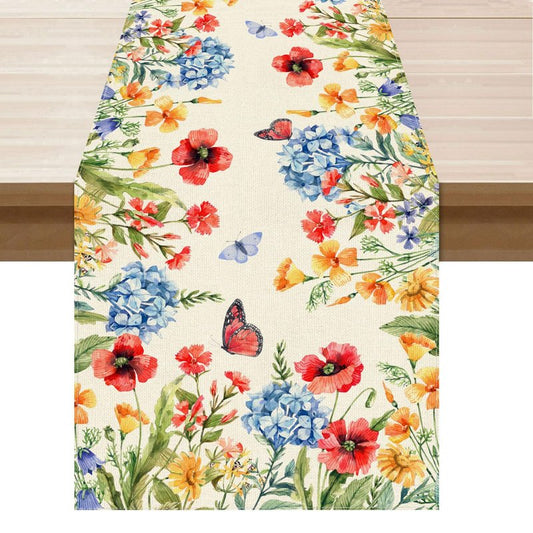 XCHI Watercolor Colorful Wildflowers Butterfly Spring Table Runner Summer Table Decoration for Party Home Kitchen Dining Holiday Decor 13x72 Inch