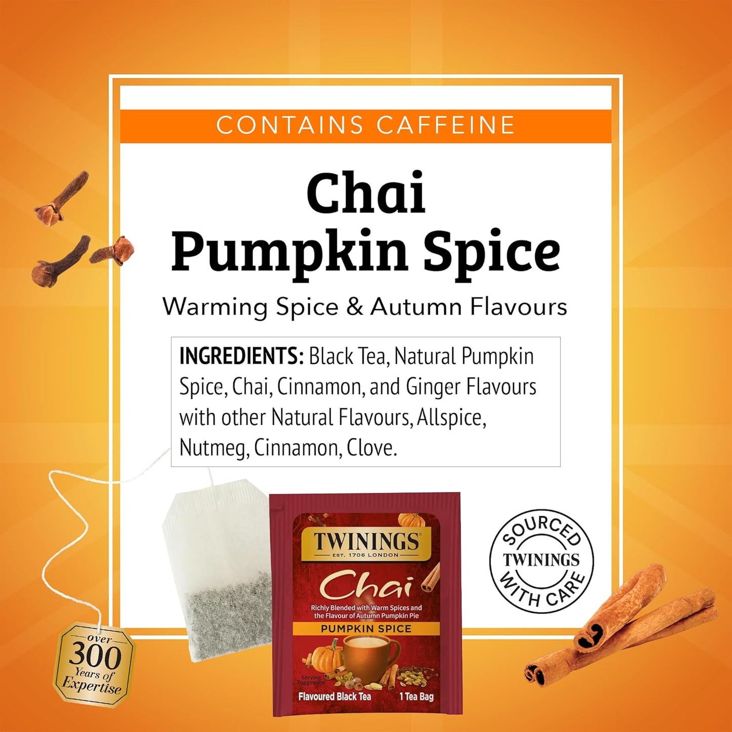 Twinings Pumpkin Spice Chai Black Tea - Warm & Spicy Flavor, 20 Individually Wrapped Bags, Pack of 6
