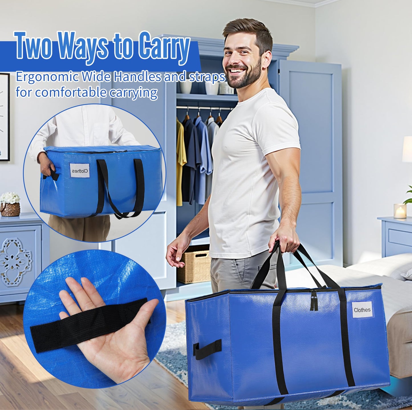 BAGAIL Heavy Duty Moving Bags with Strong Handle, Extra Large Moving Boxes, Storage Tote for Clothes, College Moving Supplies(Blue, 6 Pack)