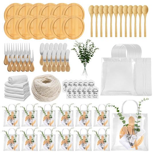 109Pcs Baby Shower Prizes for Game Winners 12 Sets Cheese Board Spoon Fork Butter Spreaders Plaid Towel Thank You Card and Gift Bags for Baby Shower Wedding Bridal Shower Favors (12, Bamboo Color)