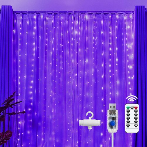 Brightown 300 LED Purple Fairy Curtain Lights - 9.8ft x 9.8ft, USB Plug with 8 Lighting Modes & Remote for Indoor/Outdoor Decor