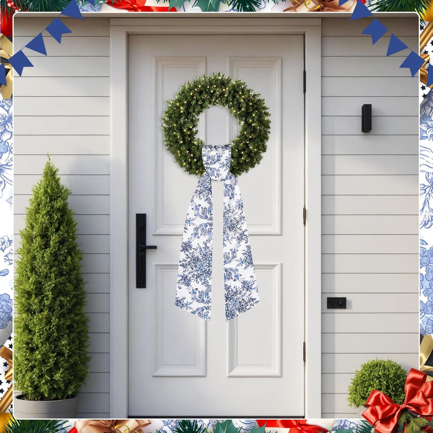 Skiennix Chinoiserie Satin Blue & White Flower Wreath | 2-Piece Door & Wall Decor Set