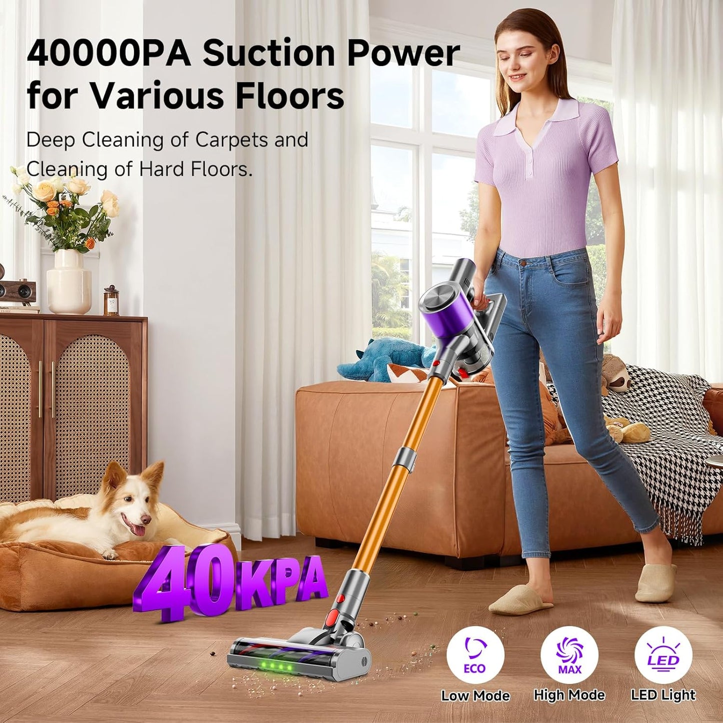 Skiennix Cordless Stick Vacuum Cleaner - 40Kpa Powerful Suction with LED Headlight | 8-in-1 Lightweight for Pet Hair, Purple