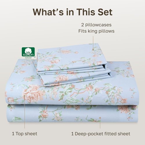 California Design Den Bed Sheets - Soft Cotton Cal King Set with 400 TC, Deep Pockets, Floral Blue/Pink