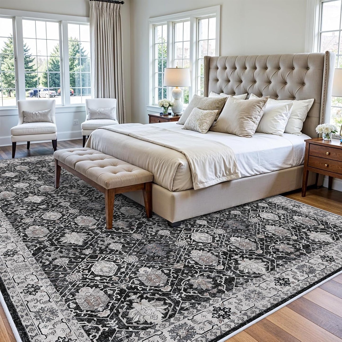 Skiennix Washable Large Area Rug - Ultra Soft Non-Slip Carpet for Living Room | 9x12 Black Distressed Design
