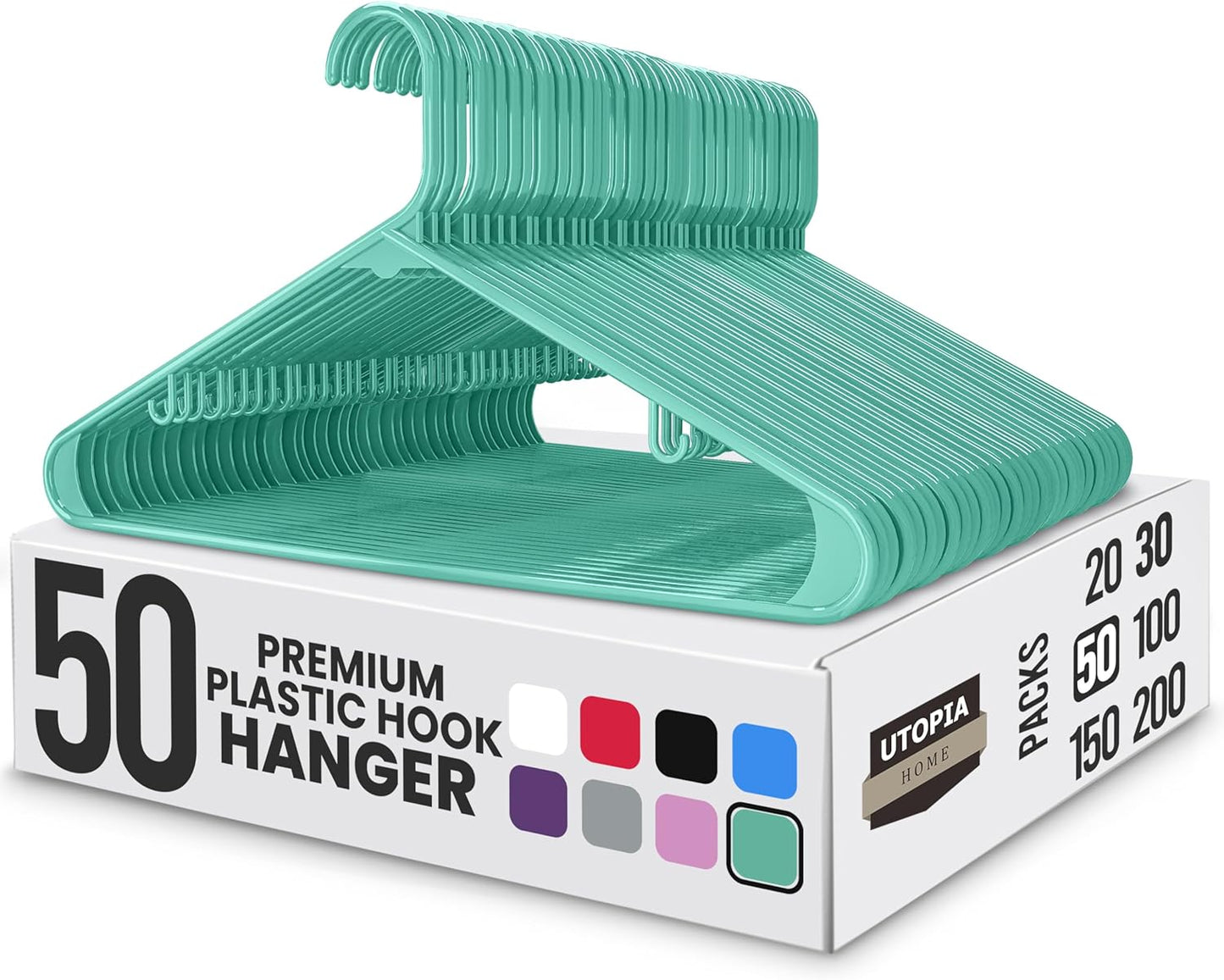 Utopia Home Plastic Hangers 50 Pack - Durable Space-Saving Closet Organizers - Built-In Strap Hooks (Aqua)