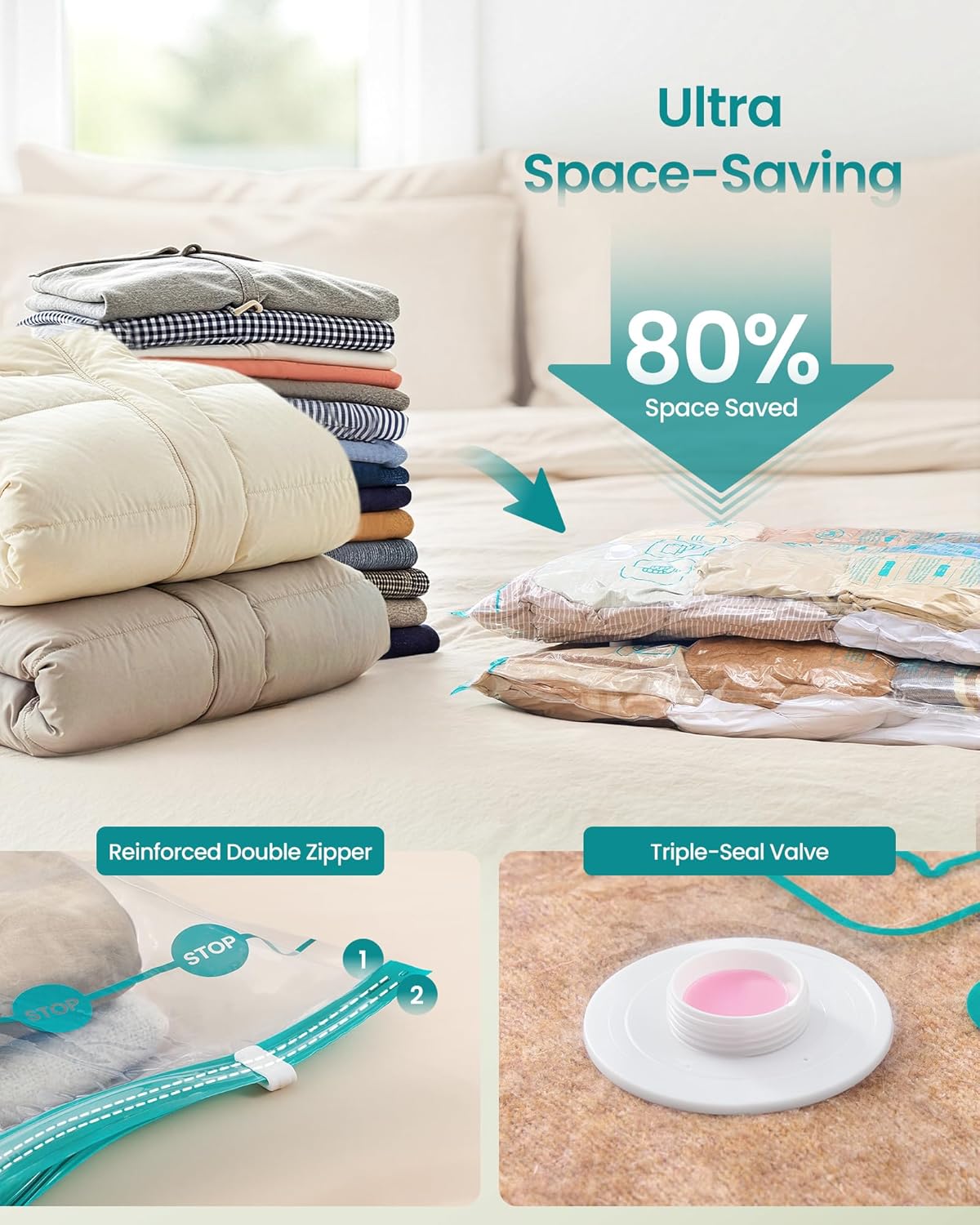 SONGMICS Vacuum Storage Bags - Rechargeable Electric Pump for Clothing & Bedding | 15 Pack, Transparent