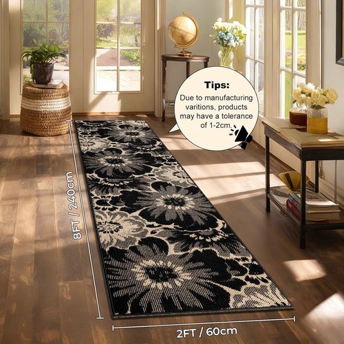 Findosom Hallway Runner Rug - Non-Slip High-Low Textured Floral Design | Washable 2x8 Boho Carpet in Black & Beige