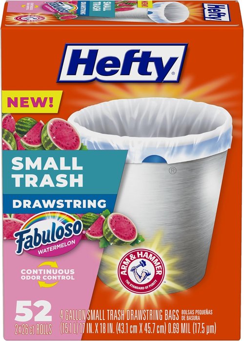 Hefty Small Trash Bags - Fabuloso Watermelon Scent | 4 Gallon, 52 Count for Odor Control