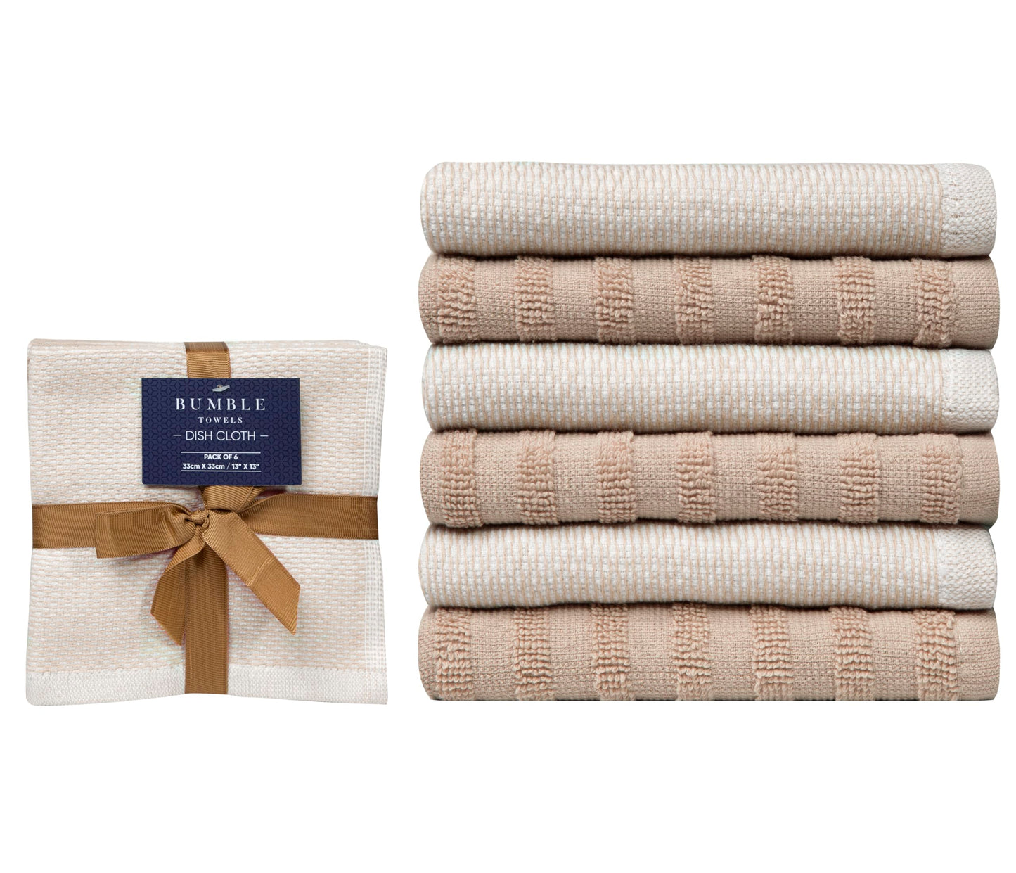 Bumble Premium Dish Cloths 13"x13" (6 Pack) | 100% Natural Ring Spun Cotton | 400 GSM | Highly Absorbent & Soft |Yarn Dyed & Solid Dyed Terry Dish Cloth Set - Tan