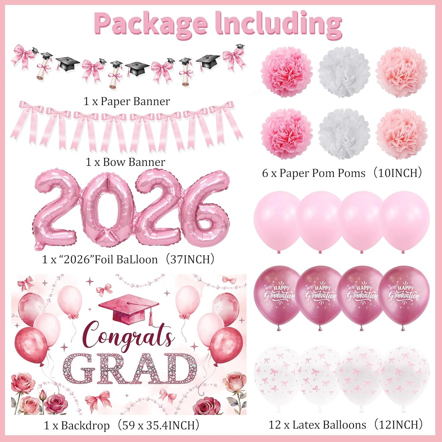 Regine Switzerland Pink Bow Graduation Party Decorations - 22PCS Banner & Balloon Set for 2026 Grads