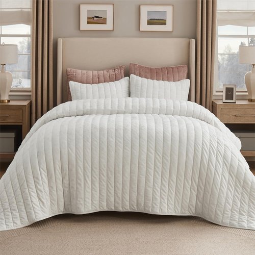 Bedsure Velvet Quilt King Size Set - Oversized 108"x96" Ultra Soft Luxury Comforter & 2 Pillow Shams | Cream White