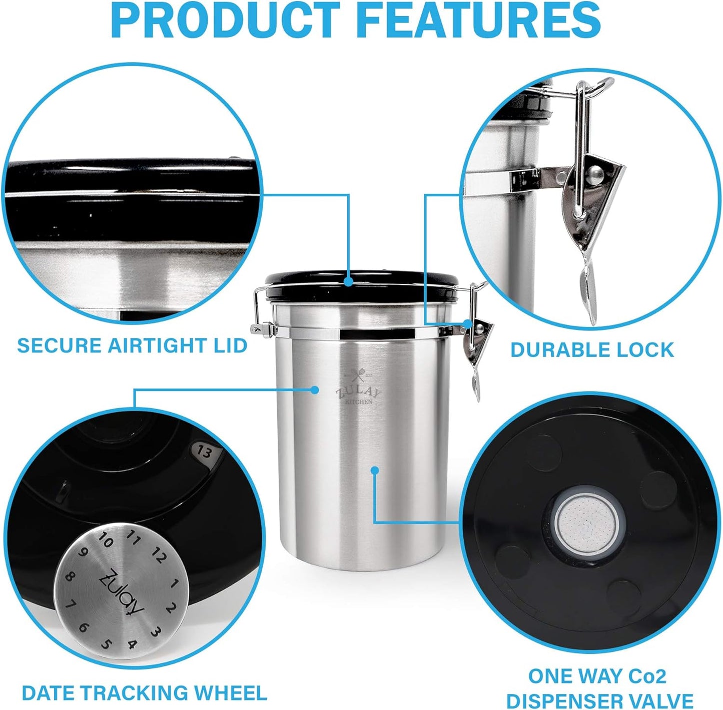 Zulay Airtight Coffee Canister - Stainless Steel Storage with Scoop, Date Tracker & CO2 Valve | Large Size