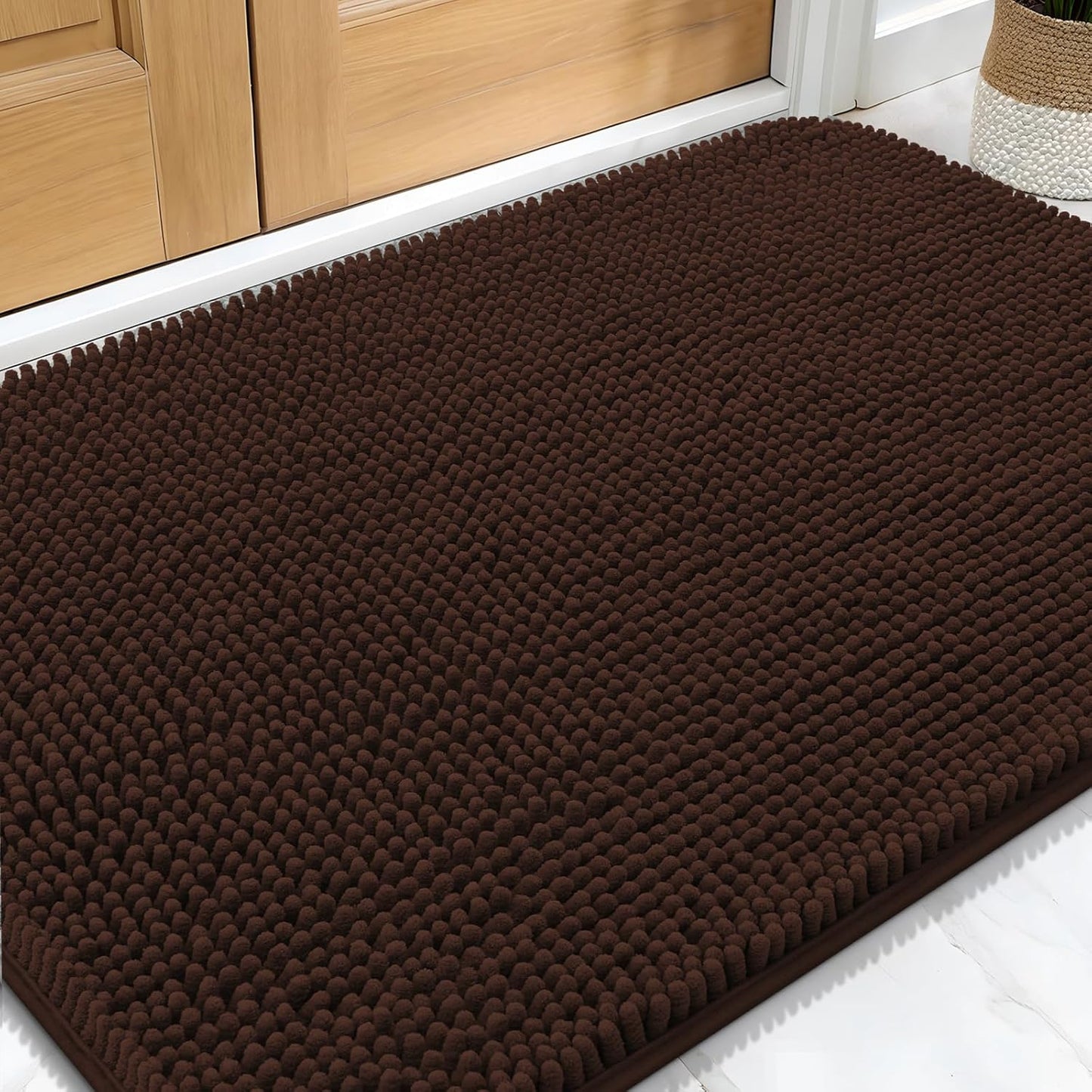 OLANLY Dog Door Mat - Absorbent Non-Slip Mud Mat for Indoor Use | Quick Dry Chenille, 34x21, Brown