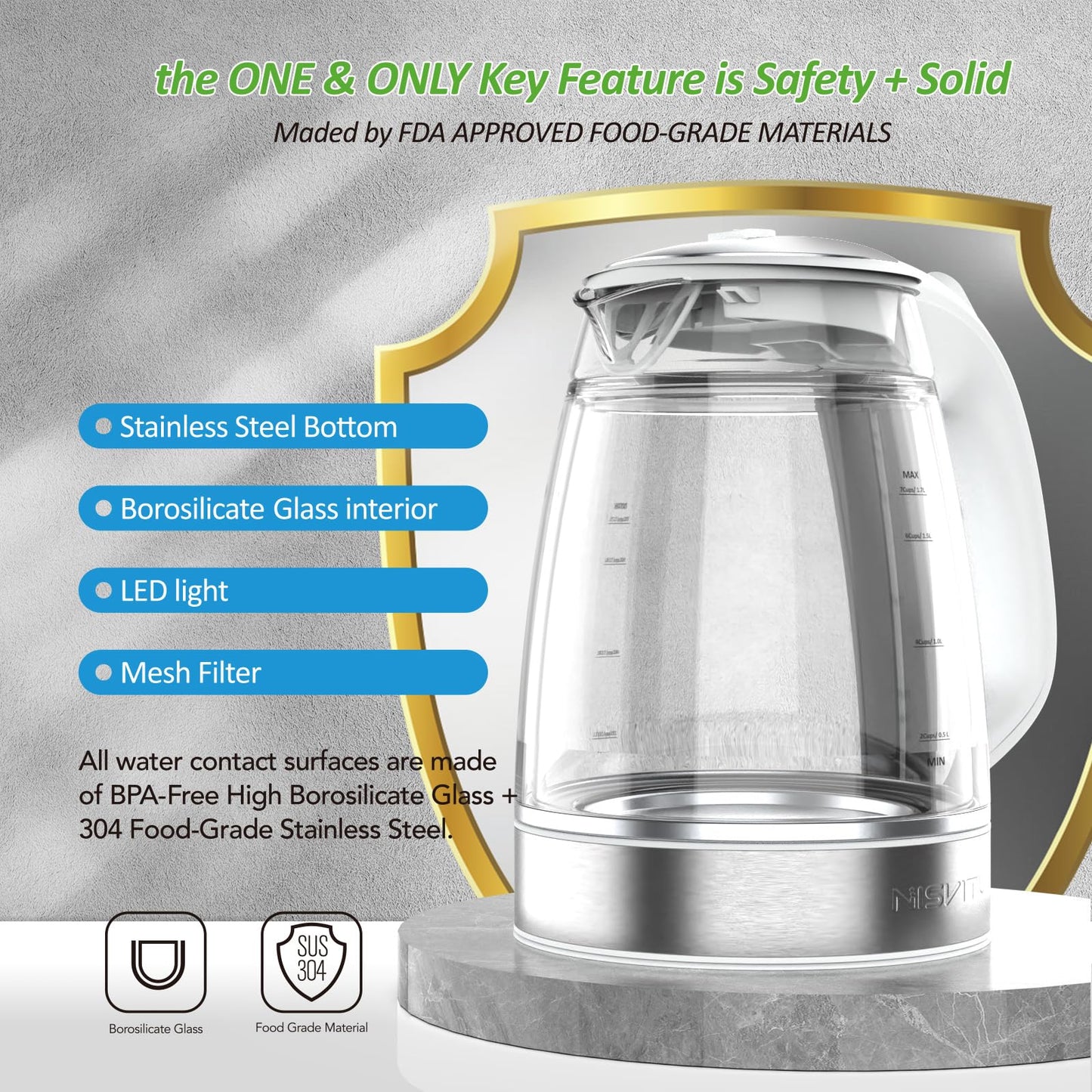 NISVITU Glass & Stainless Steel Cordless Electric kettle for boiling water, Hot water boiler Electric Tea Kettle automatic shut off Boil-Dry Protection, PC Outer + Glass Inner, 1500W, 1.7L, WH