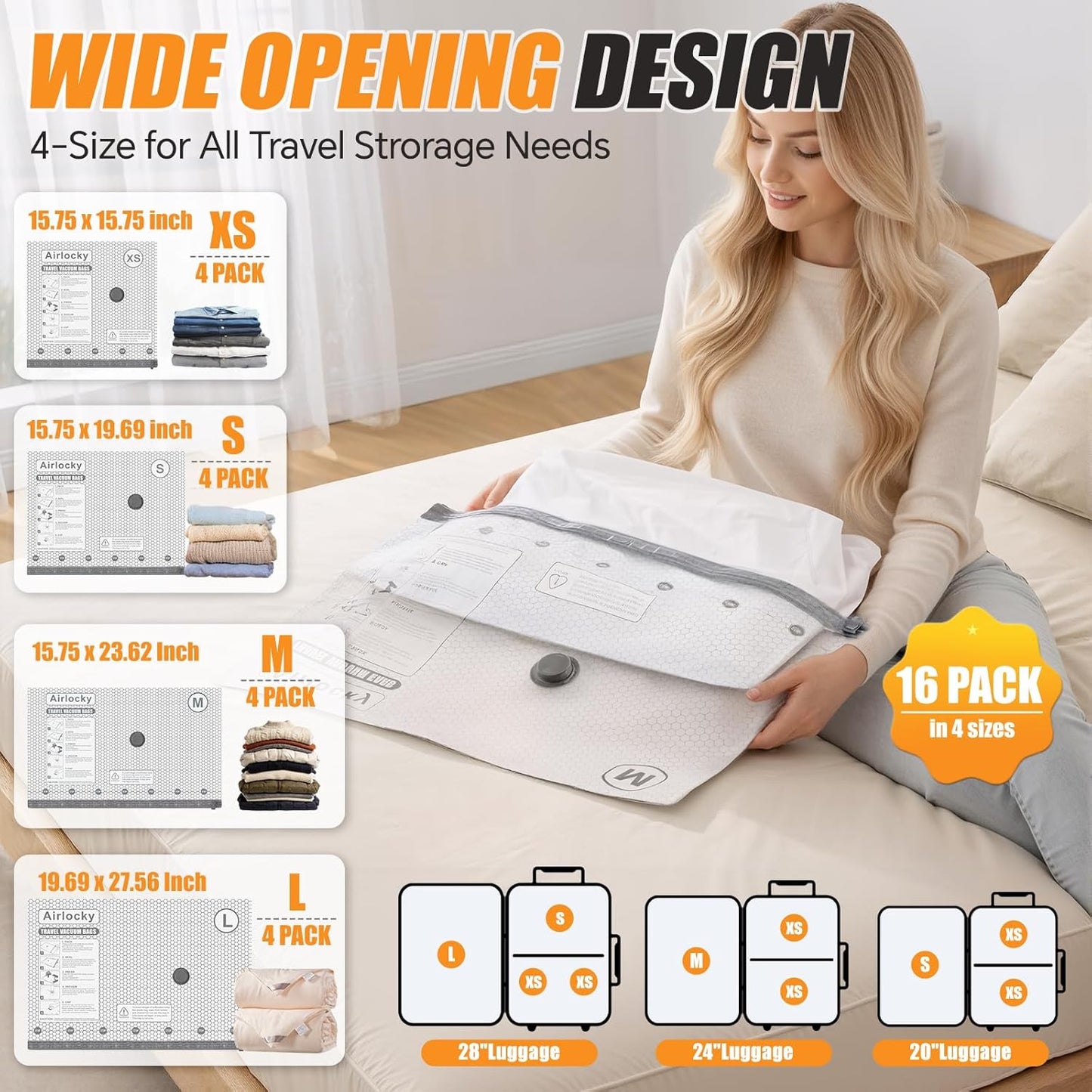Skiennix Travel Vacuum Storage Bags - 16 Pack Compression Packing Bags with Portable Electric Pump | 80% Space Saver for Luggage