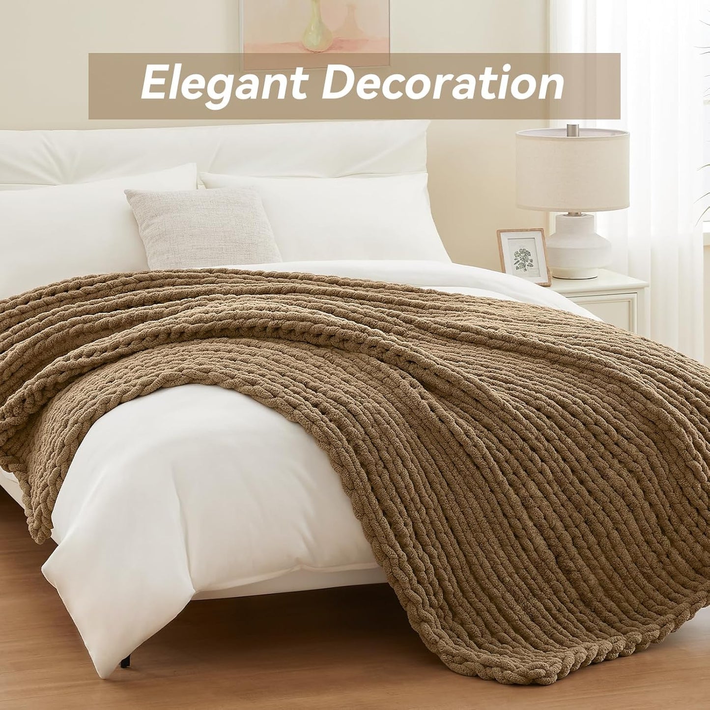 Negwoo Chunky Knit Throw Blanket - Handmade Light Brown Chenille Yarn | 40'' x 50'' Cozy Decor
