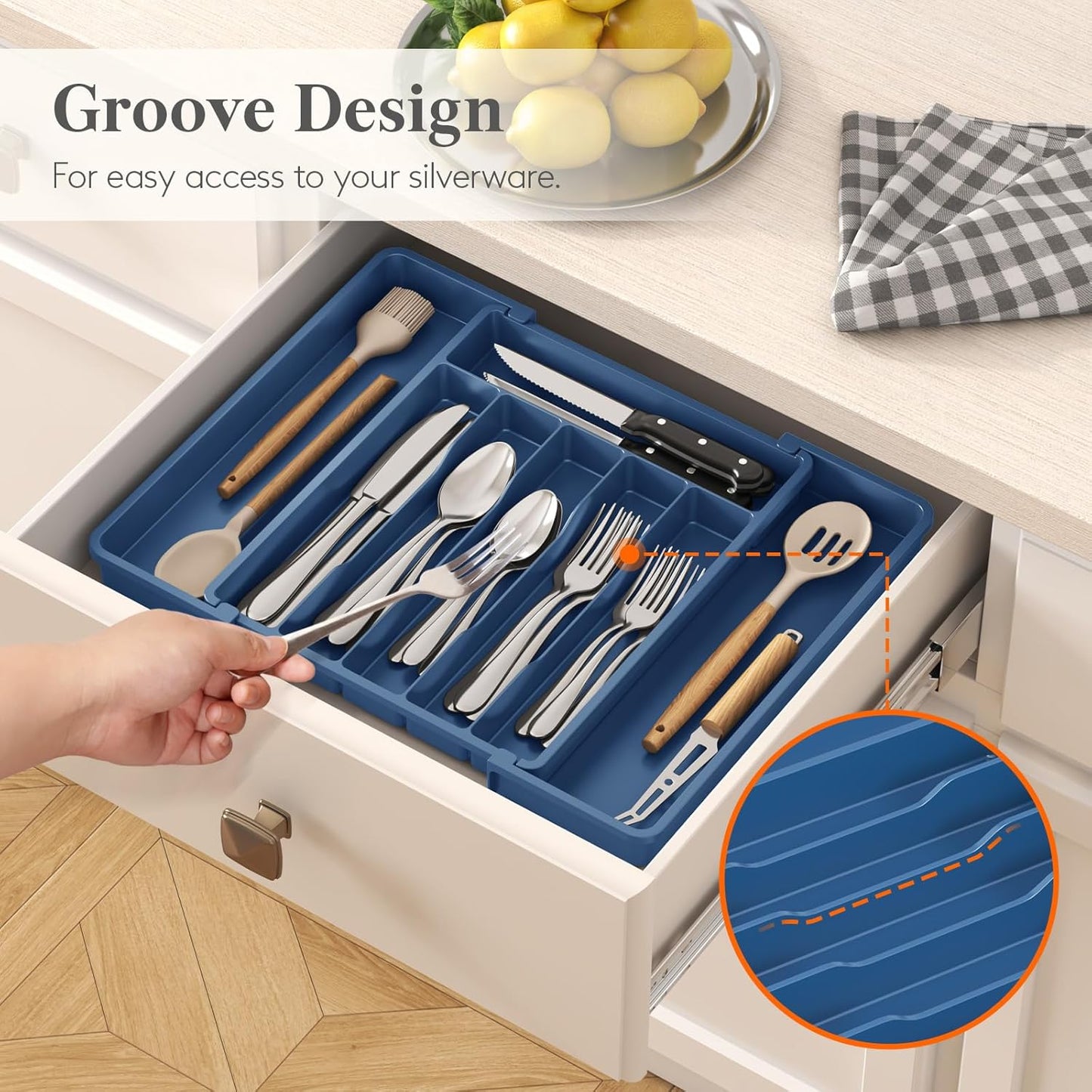 Lifewit Expandable Silverware Drawer Organizer - BPA-Free Utensil Tray for Kitchen | Adjustable 10.9"-17.5" x 13.7" - Dark Blue
