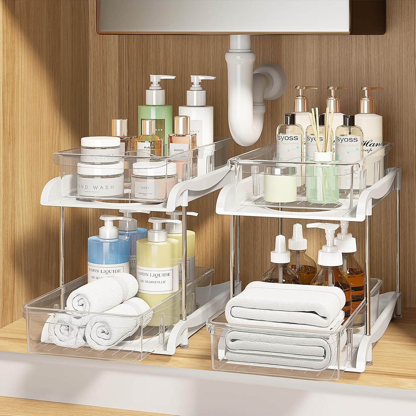 Sevenblue Under Sink Organizer - 2-Tier Kitchen & Bathroom Storage with Sliding Drawer & Hooks | Clear