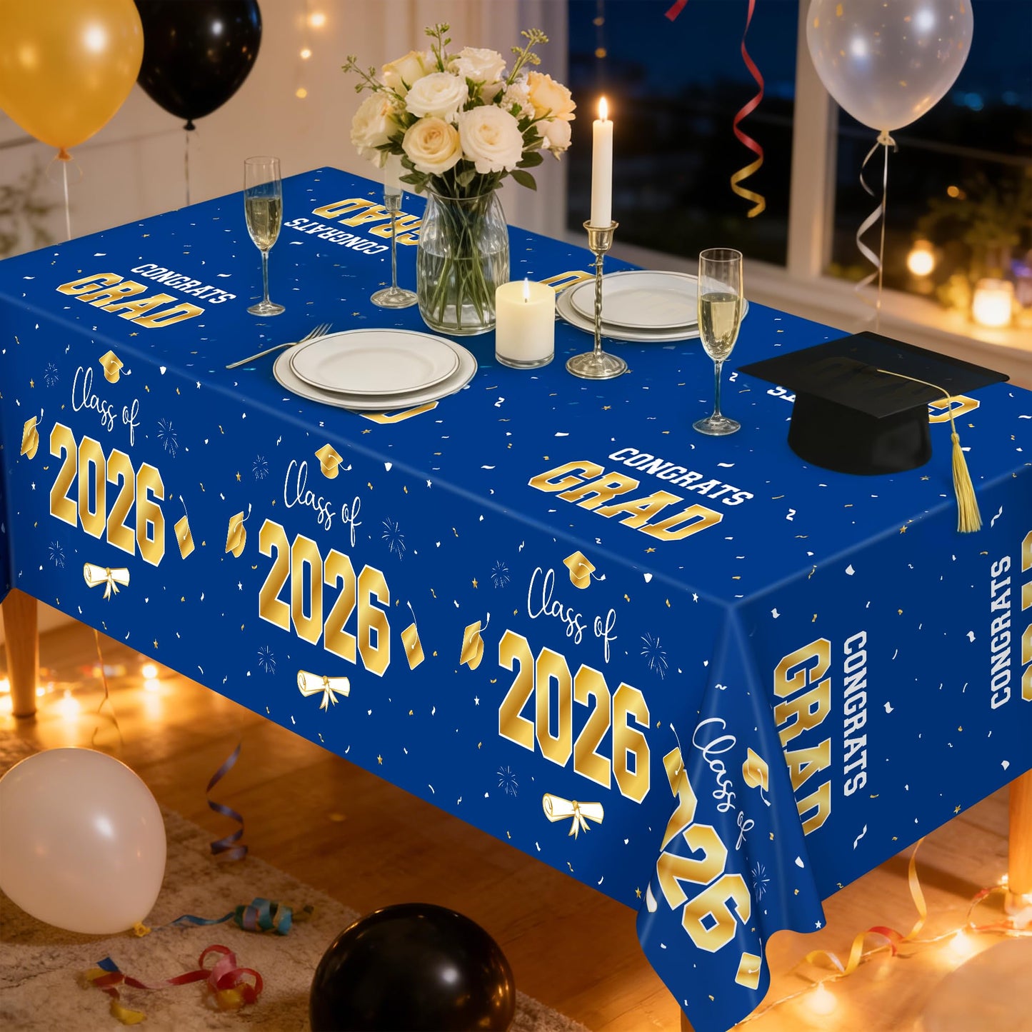 QZYL 4 Pack Graduation Decorations 2026, 54" x 108" Blue and Gold Disposable Graduation Table Cloths, Grad Party Decorations for Class of 2026, Rectangle Plastic Tablecloth for College Congrats Grad